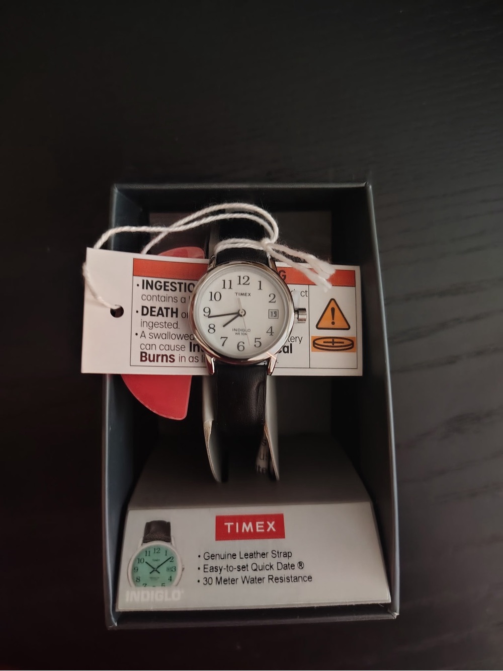 Timex Silver Case White Dial Black Leather Strap Watch